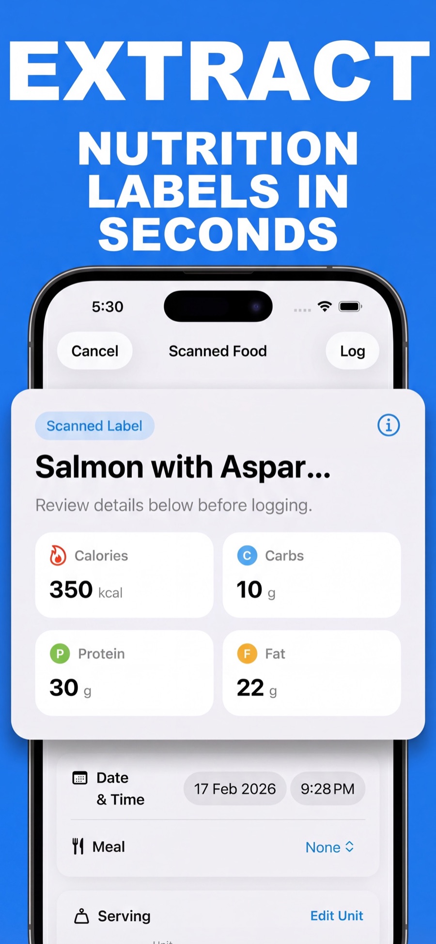 Scanned nutrition label values ready to review and log