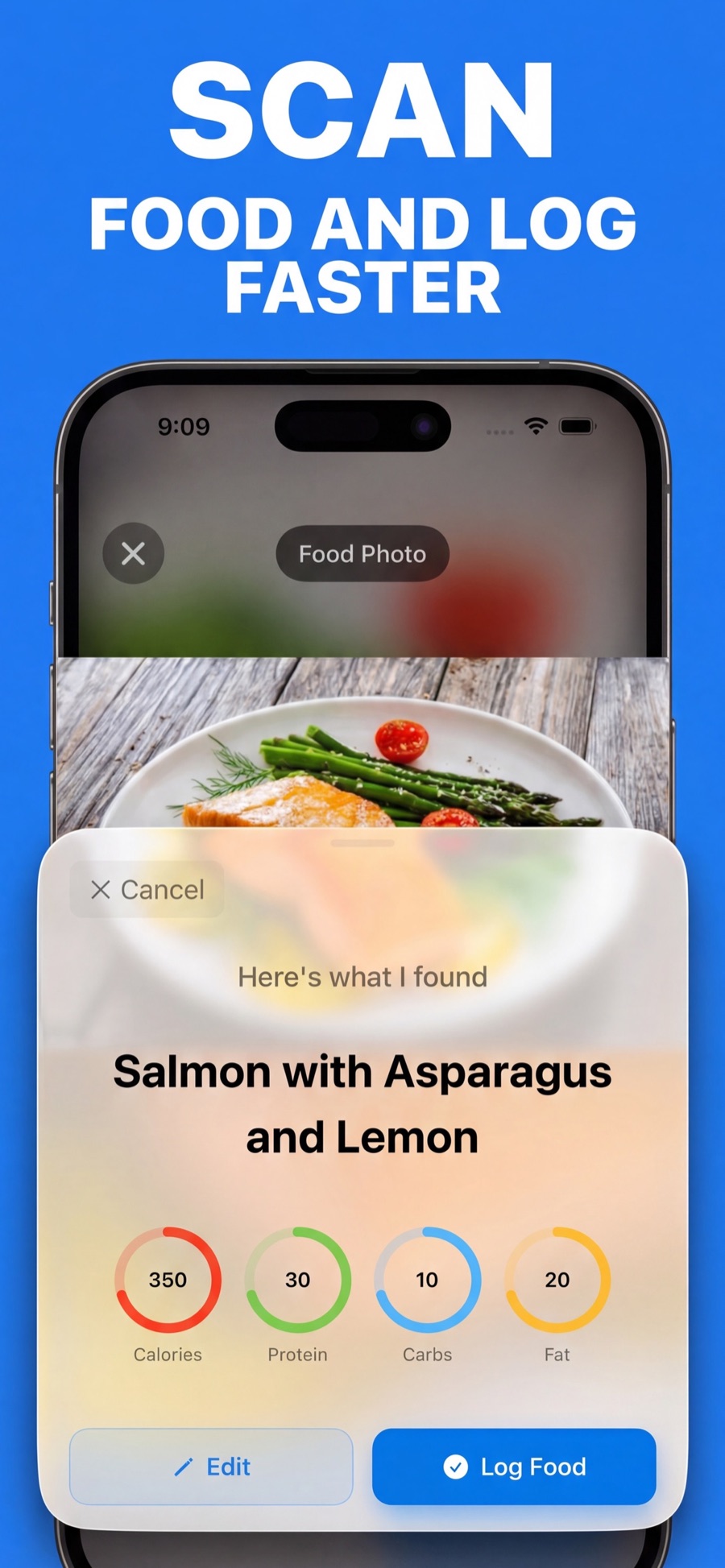 Food photo scanner identifying salmon with asparagus and lemon